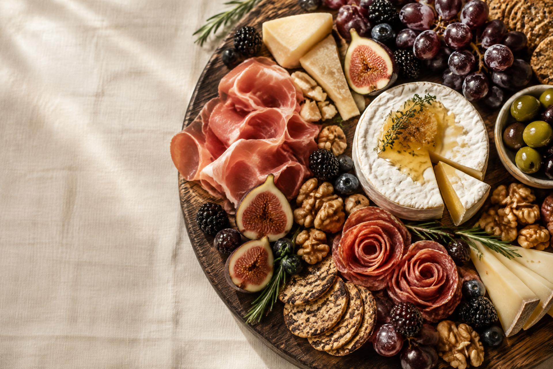 Artfully arranged charcuterie with artisan cheeses, prosciutto, figs, and fresh grapes